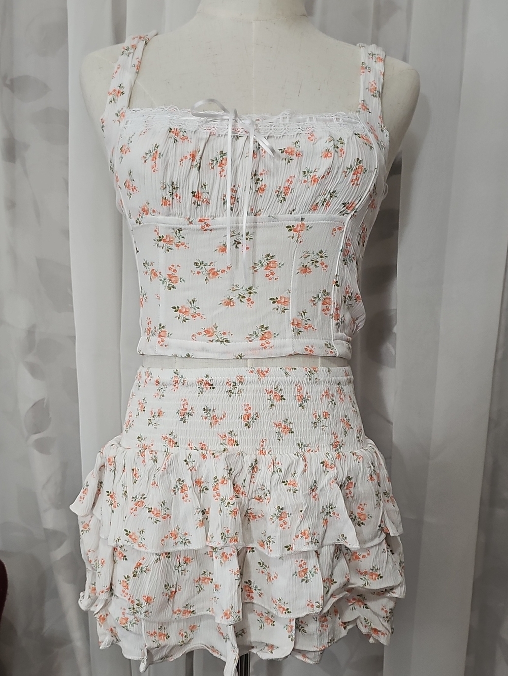 Haute Monde White Floral Ruffle Two-Piece Dress